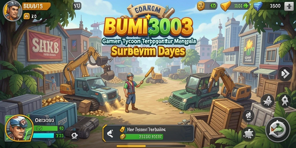 Screenshot utama BUMI303 menampilkan aksi seru dalam membangun kerajaan bisnis.