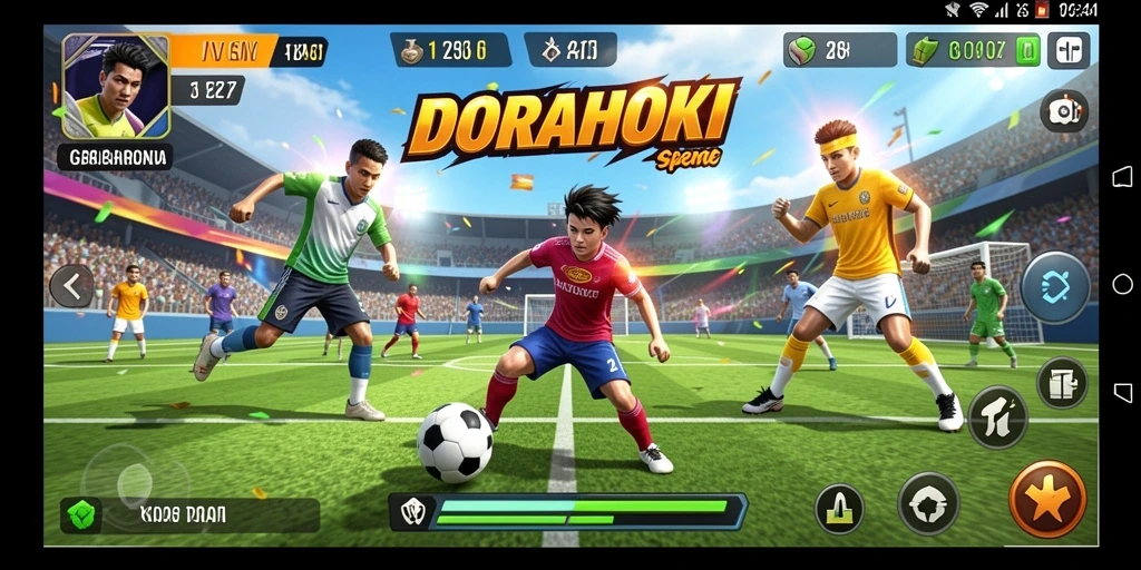 Gameplay DORAHOKI yang seru di arena olahraga.