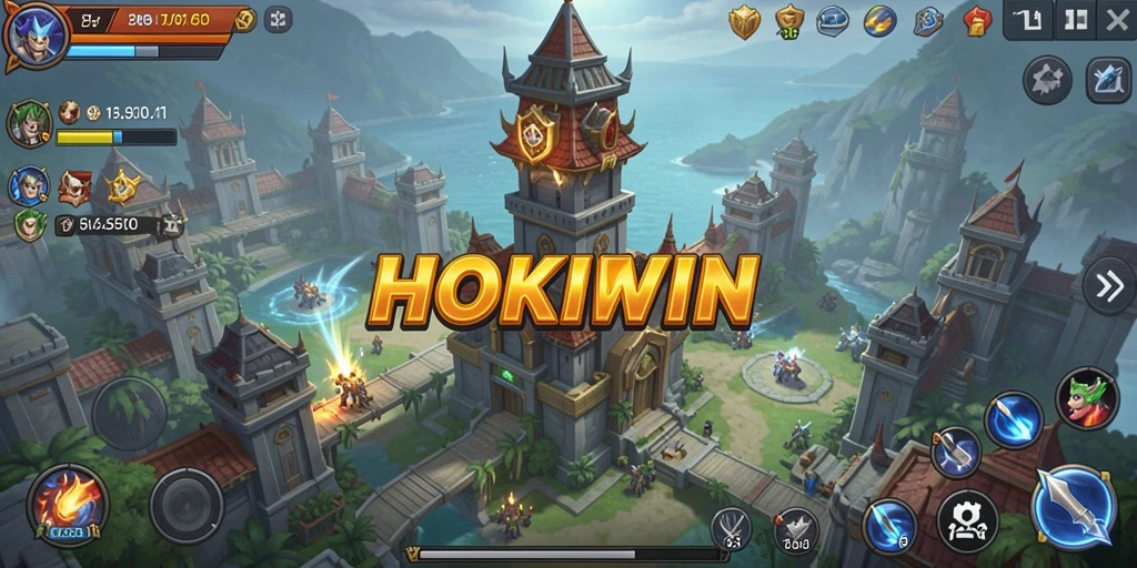 Tampilan gameplay HOKIWIN dengan menara yang siap mempertahankan wilayah.