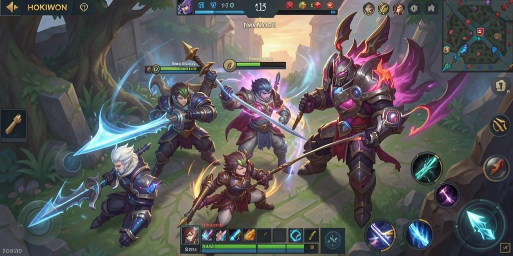 Screenshot HOKIWON menampilkan aksi seru dalam permainan MOBA.