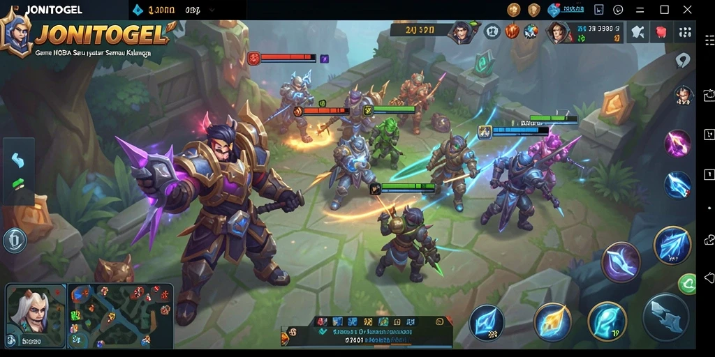 Screenshot gameplay JONITOGEL menampilkan karakter bertarung di arena.