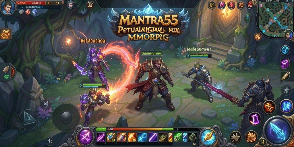 Tangkapan layar MANTRA55 menampilkan aksi pertempuran seru dalam dunia MMORPG.