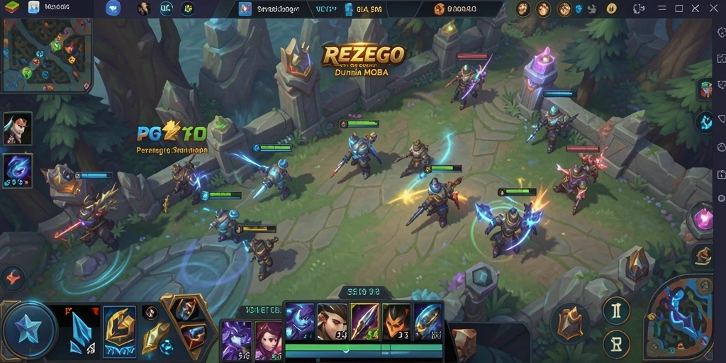 Tampilan aksi seru dalam game MOBA REZEGO dengan karakter yang beraksi.