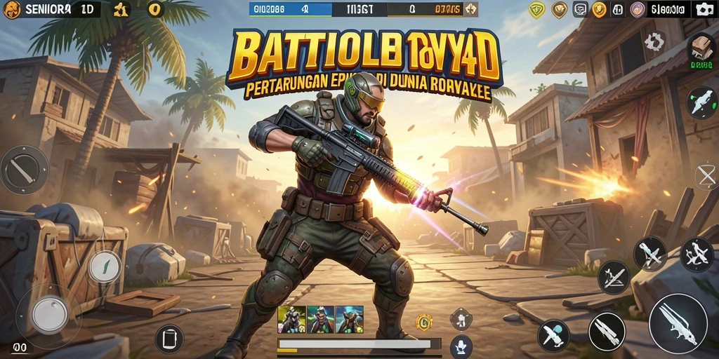 Tangkapan layar utama SENIOR4D menampilkan aksi intens dalam pertarungan Battle Royale.