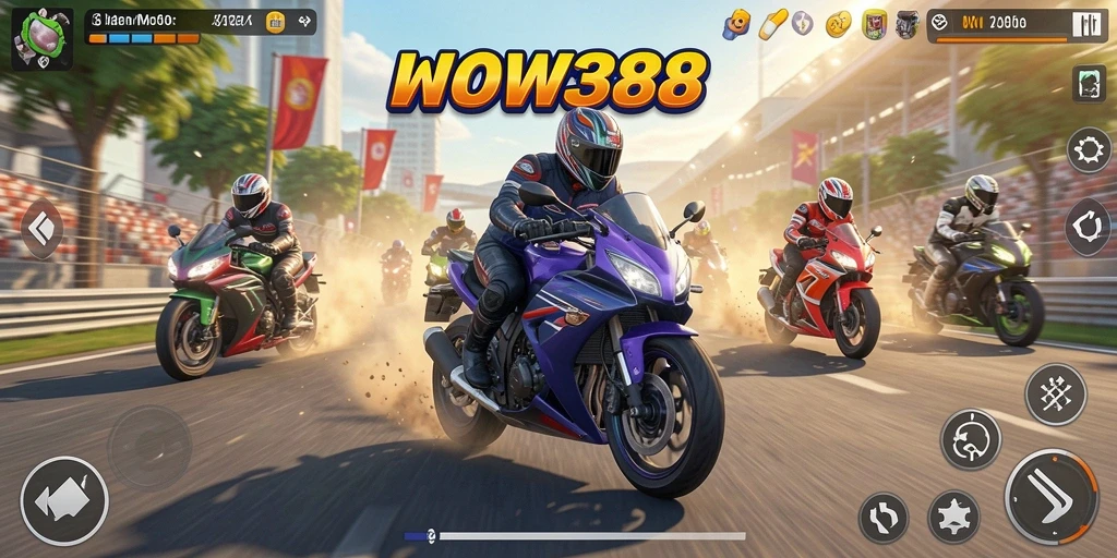 Gameplay WOW388 yang mendebarkan dengan motor balap yang cepat.